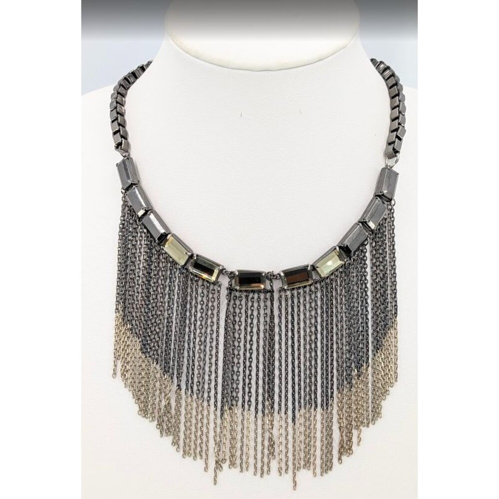 Ann Taylor Gunmetal Bib Necklace Rhinestone Chain Fringe Two Tone 18 Inch 116g